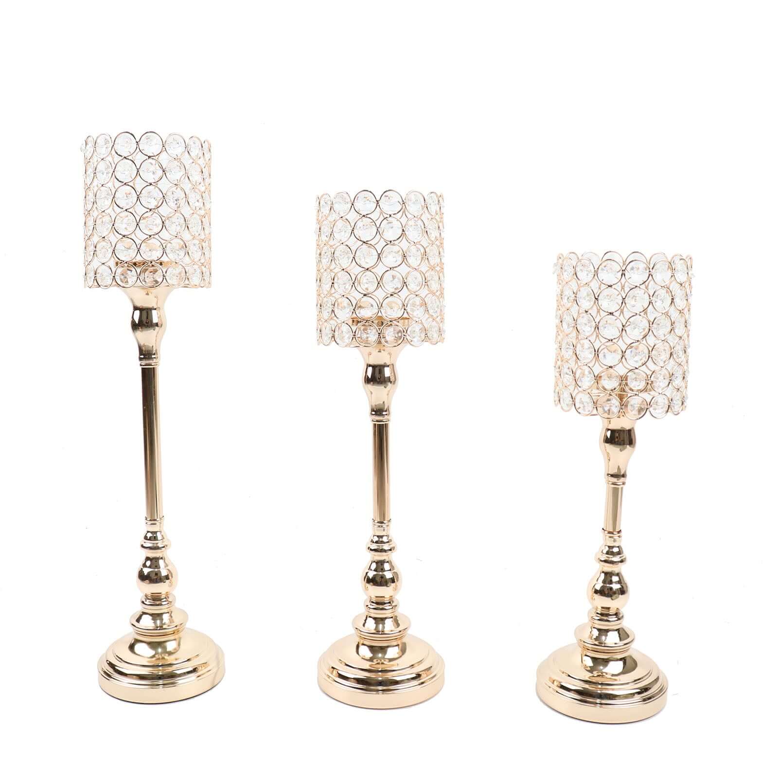 Set of 3 Crystal Beaded Goblet Votive Candle Holder Stands Gold - Tea Light Centerpiece 18, 16, 14