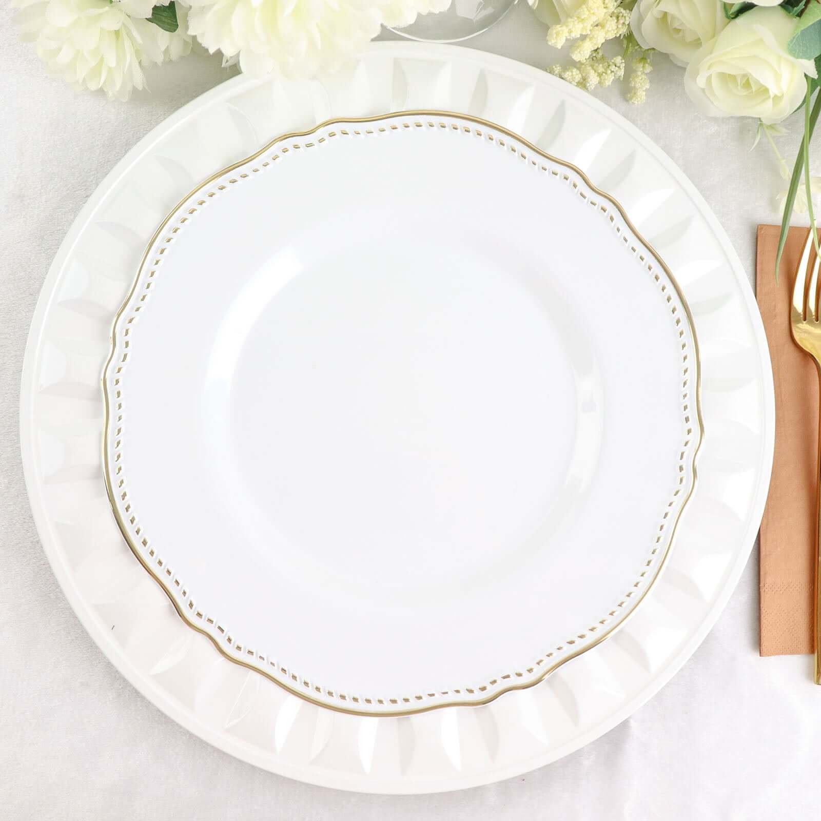 6-Pack Plastic Round Charger Plates 13 in White with Bejeweled Rim, Luxe Decorative Dinner Party Charger Tableware