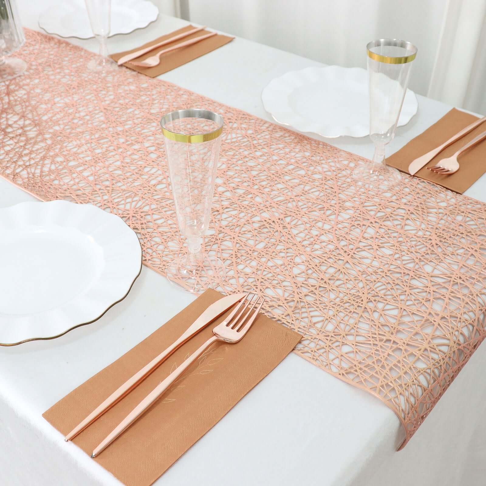 Plastic Woven Vinyl 13x6ft Table Runner Metallic Rose Gold - Non-Slip & Reversible Tabletop Decor