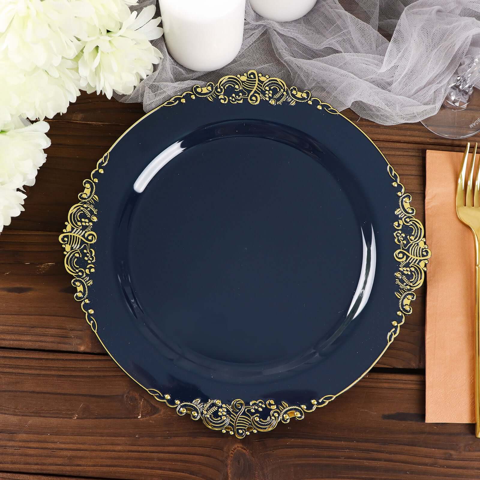 10-Pack Plastic 10 Round Dinner Plates in Navy Blue with Gold Leaf Embossed Rim - Disposable Vintage Baroque Style Plates