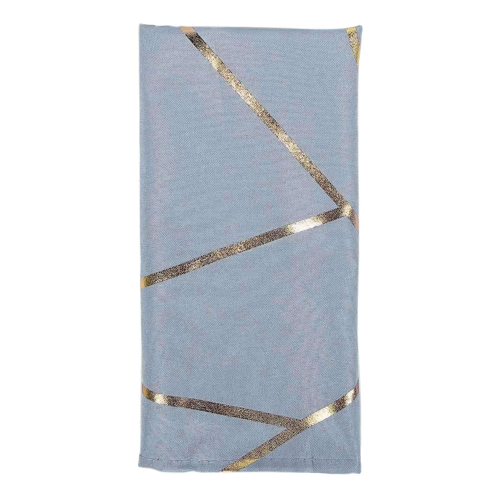 5 Pack Polyester 20x20 Napkins Dusty Blue with Gold Geometric Foil Pattern - Modern Reusable Dinner Napkins