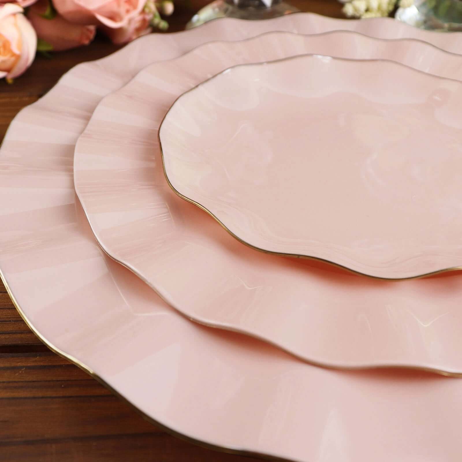 10-Pack Plastic Round 6 Dessert Plates in Blush Ruffled Rim with Gold Edging - Sturdy Disposable Salad Appetizer Dinnerware