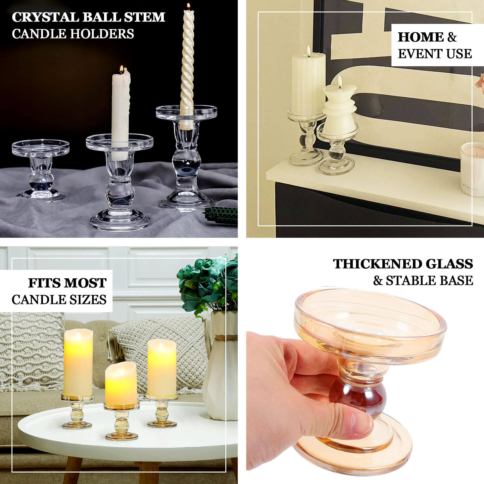 Set of 3 Glass Pillar Candle Holders Clear with Round Tray - Crystal Ball Stem Taper Candlestick Tea Light Stands 3.5, 4.5, 5.5