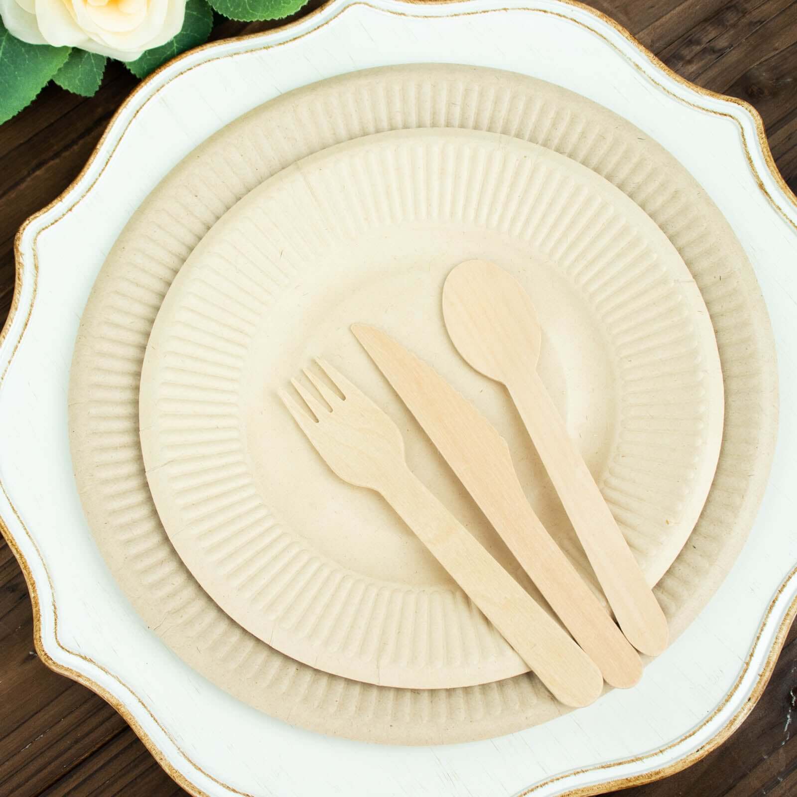 50-Pack Bagasse 8 Round Dessert Plates in Natural with Ribbed Rim - Eco Friendly Sugarcane Appetizer/Salad Plates for Parties & Events