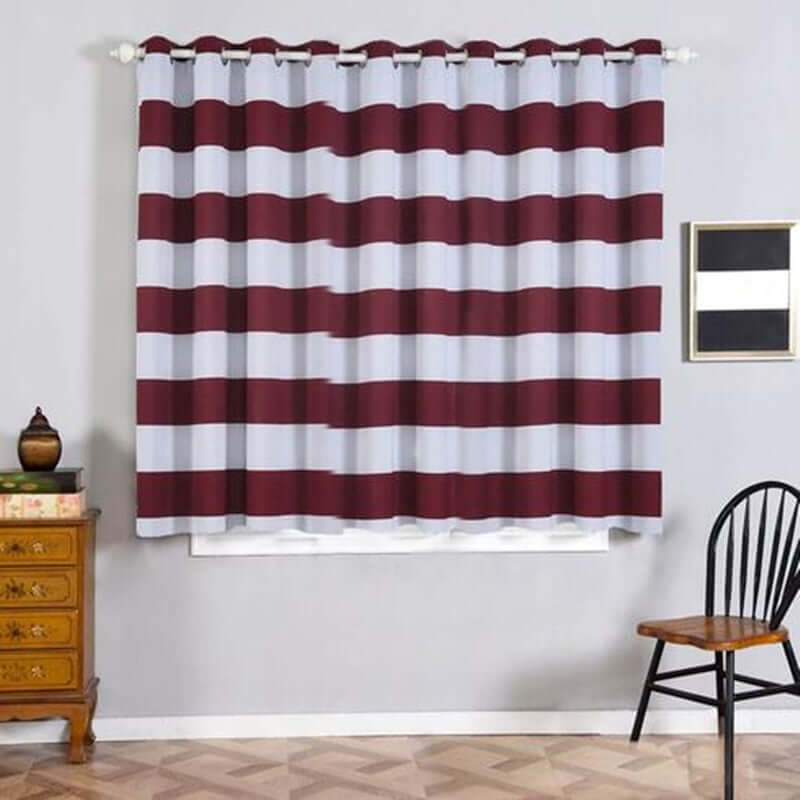 2 Pack White Burgundy Cabana Stripe Thermal Blackout Curtains With Chrome Grommet Window Treatment Panels - 52x64