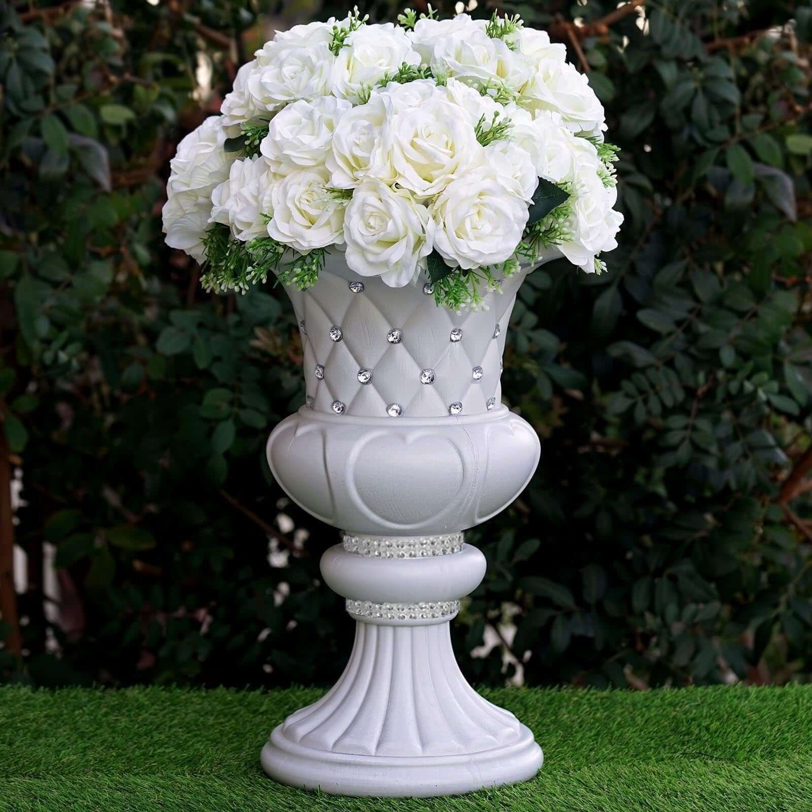 2 Pack White Crystal Beaded Italian Inspired Pedestal Stand Flower Plant Pillar With 10mm Crystal Studs - 18 Tall PVC