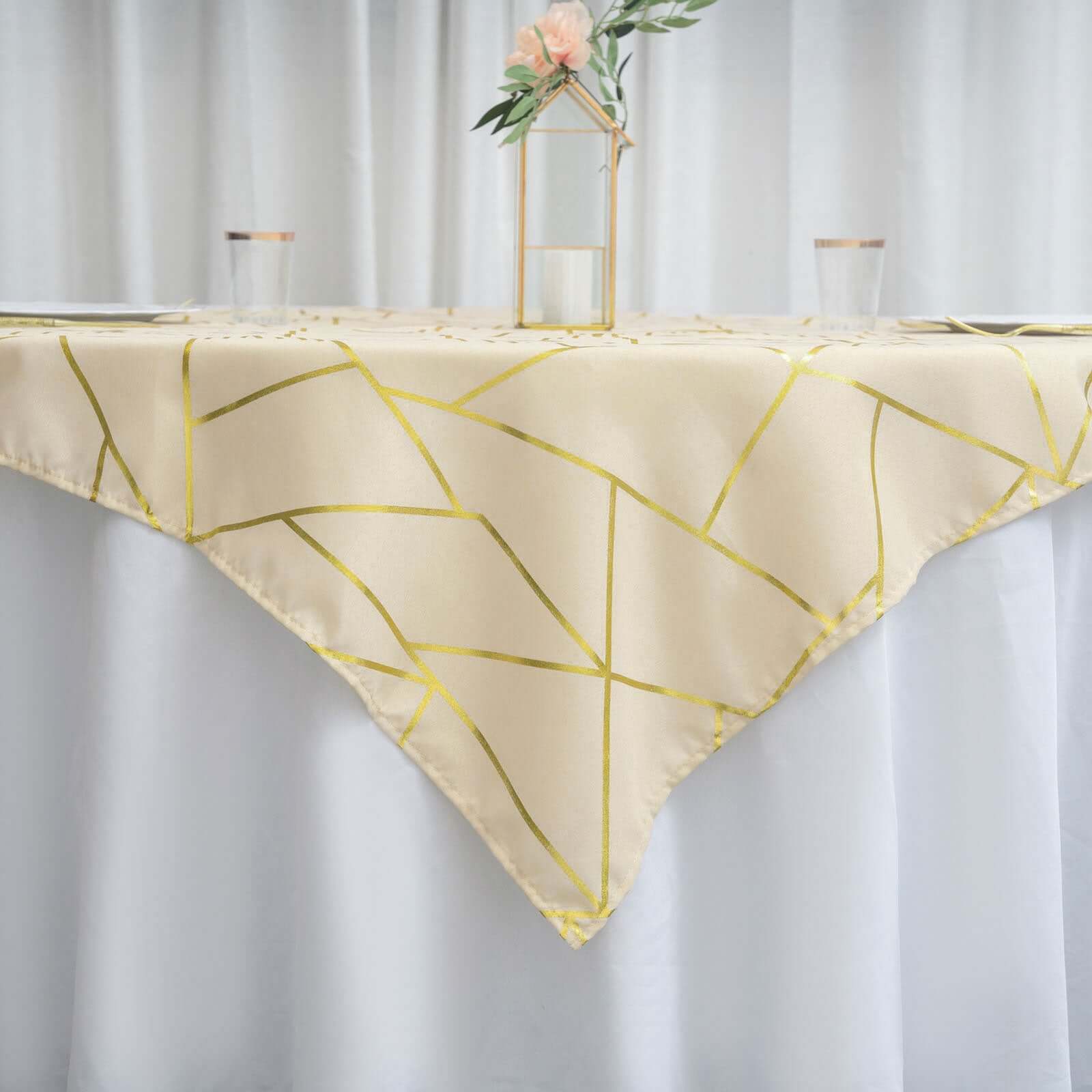 Polyester 54x54 Table Overlay Square Tablecloth Beige with Gold Foil Geometric Pattern - Wrinkle-Resistant & Durable Table Topper