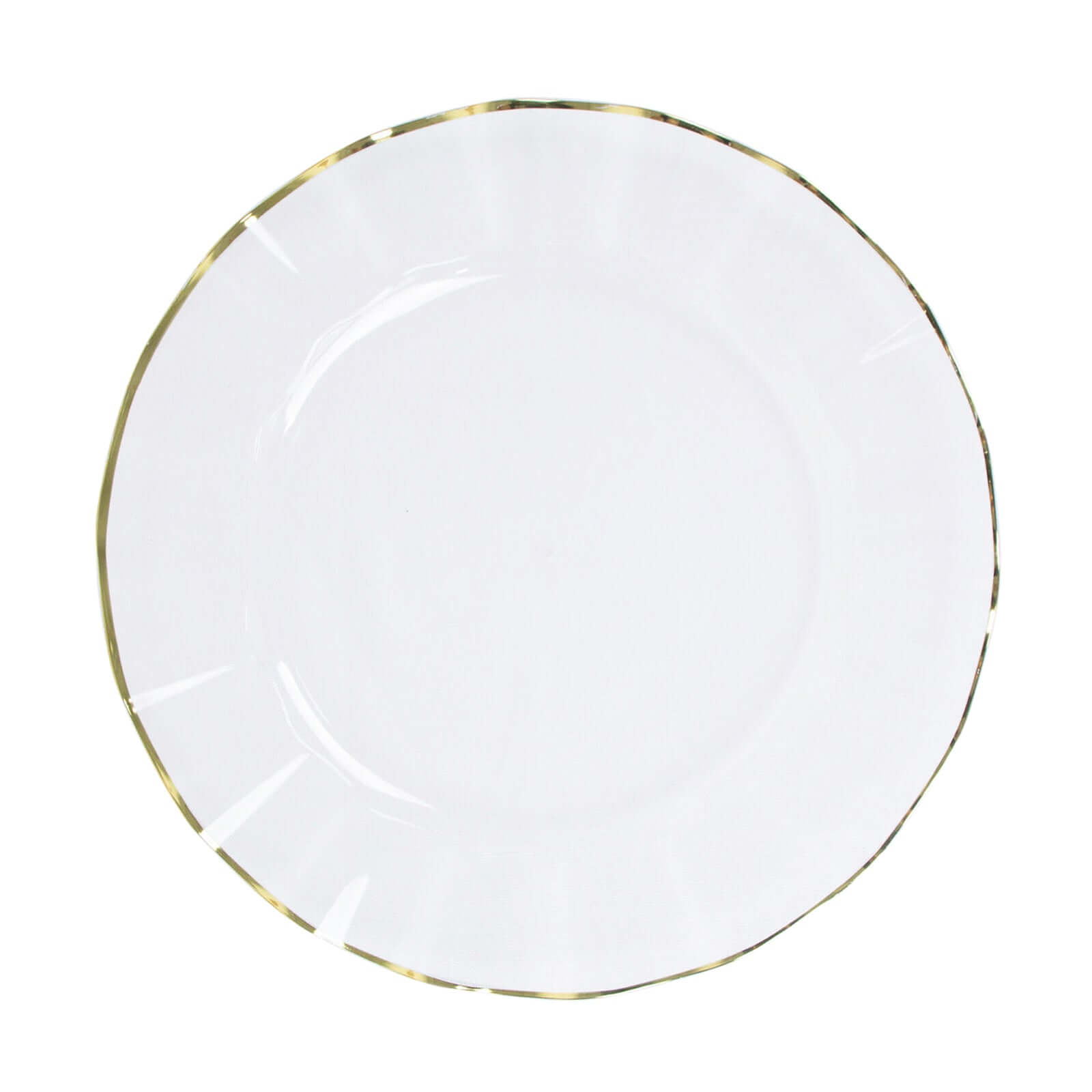 10-Pack Plastic 11 Round Dinner Plates in Clear Ruffled Rim with Gold Edging - Sturdy Disposable Dinnerware