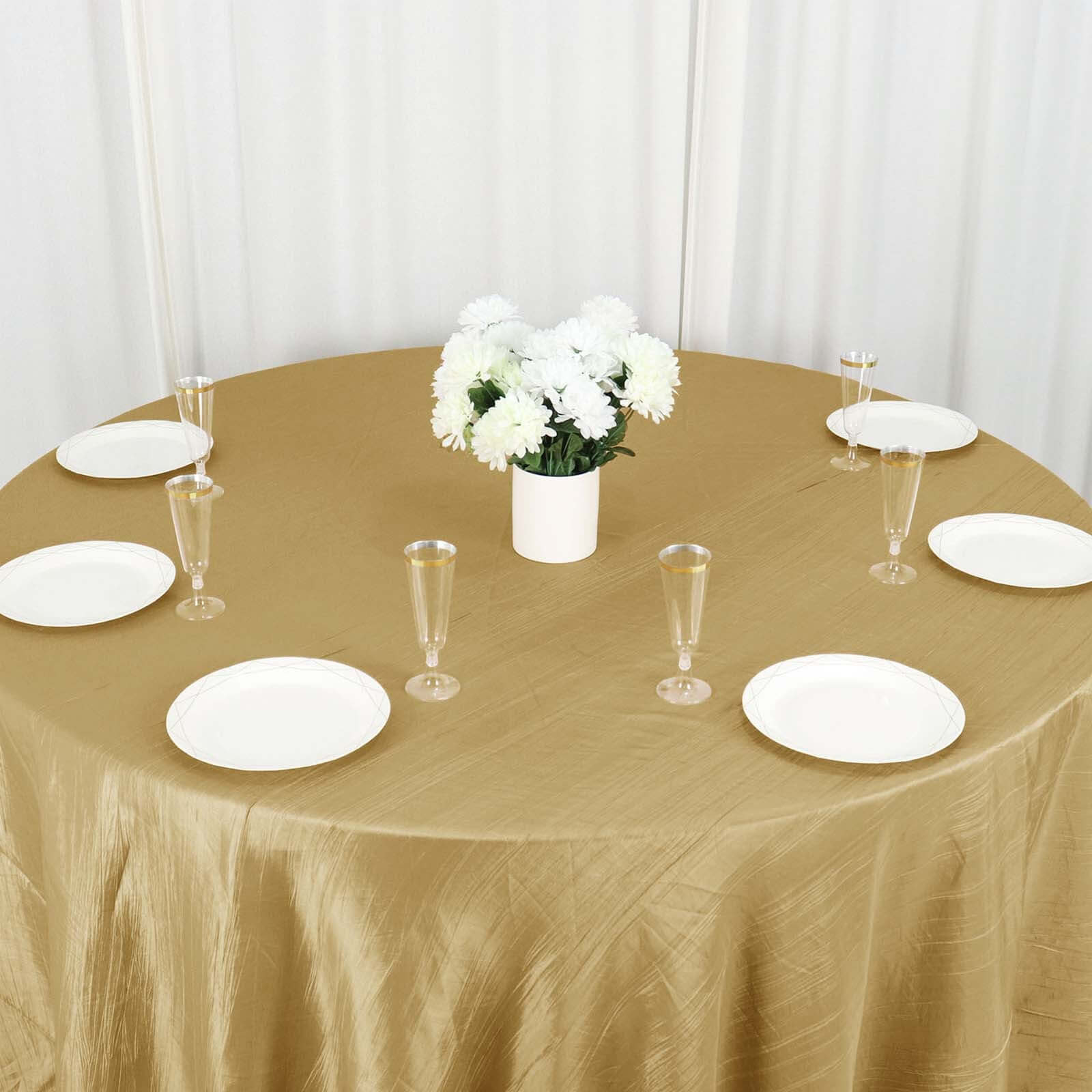 Taffeta 132 Round Tablecloth Gold - Seamless Accordion Crinkle Design for Exquisite Occasions