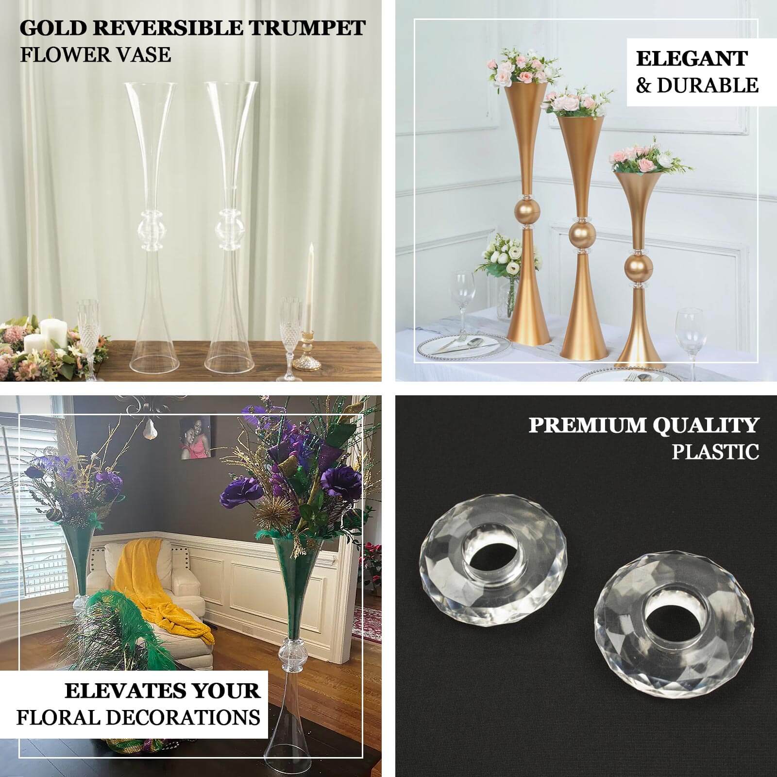 2 Pack 31 Shiny Gold Crystal Embellishment Trumpet Flower Vase, Reversible Plastic Table Centerpiece