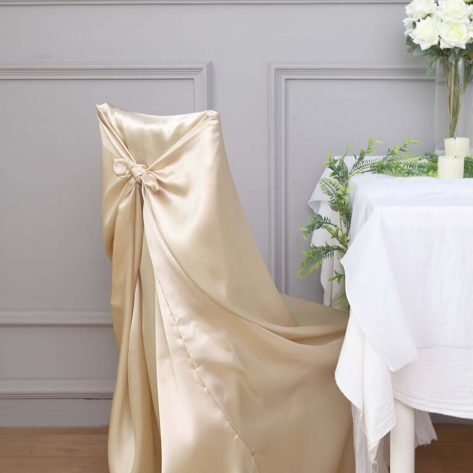 Satin Chair Cover Self-Tie Universal Design Beige - Durable Slip-On Cover for Folding, Dining, Banquet & Standard Chairs