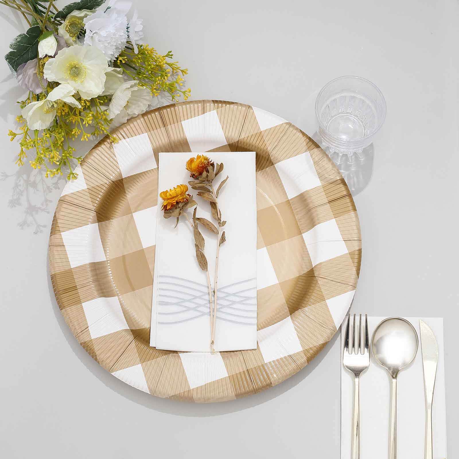 10-Pack Disposable Table Placemats in Gold/White with Buffalo Plaid Design - Checkered 50GSM Cardboard Placemats for Events & Outdoor Gatherings 13