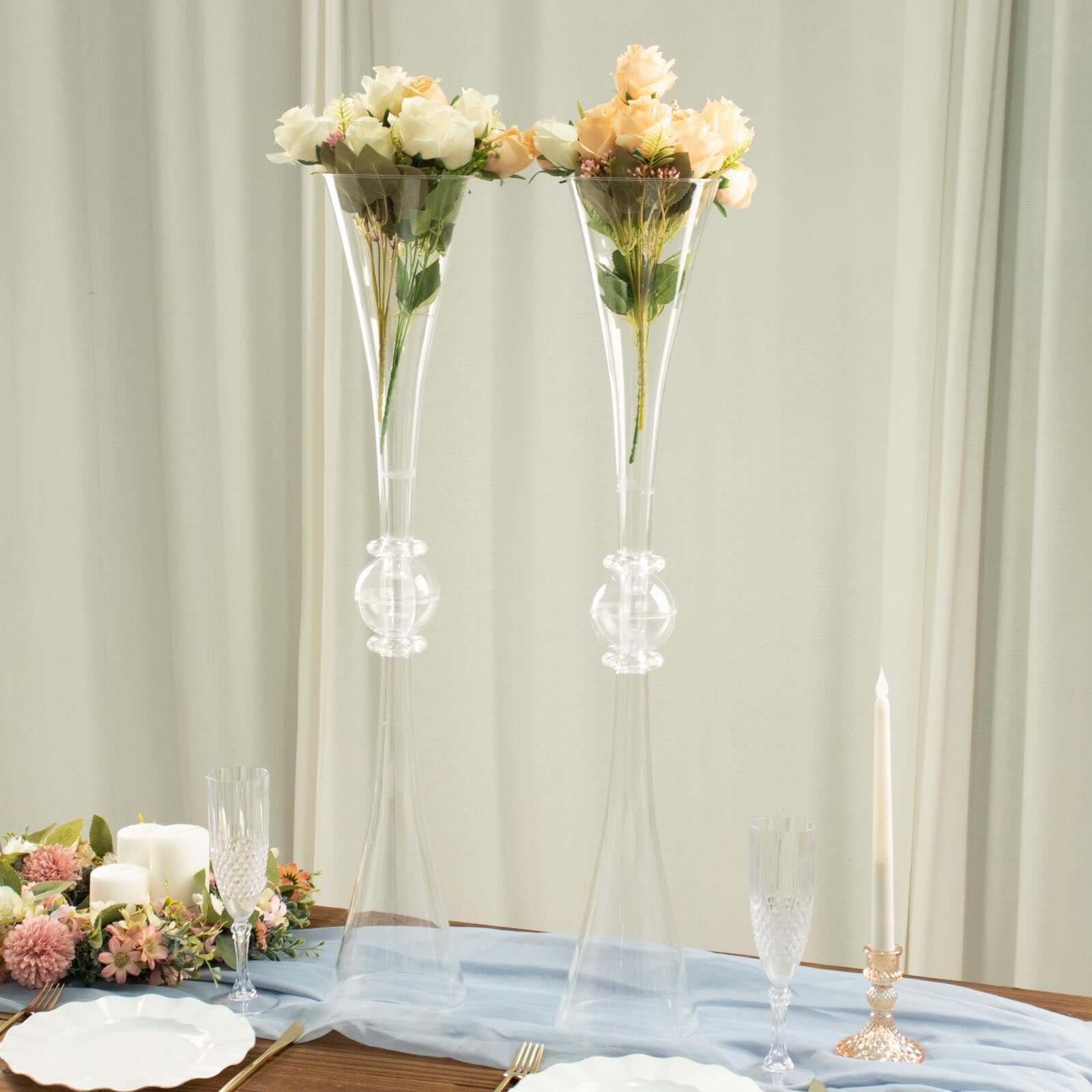 2 Pack 31 Clear Crystal Embellishment Trumpet Flower Vase, Reversible Plastic Table Centerpiece