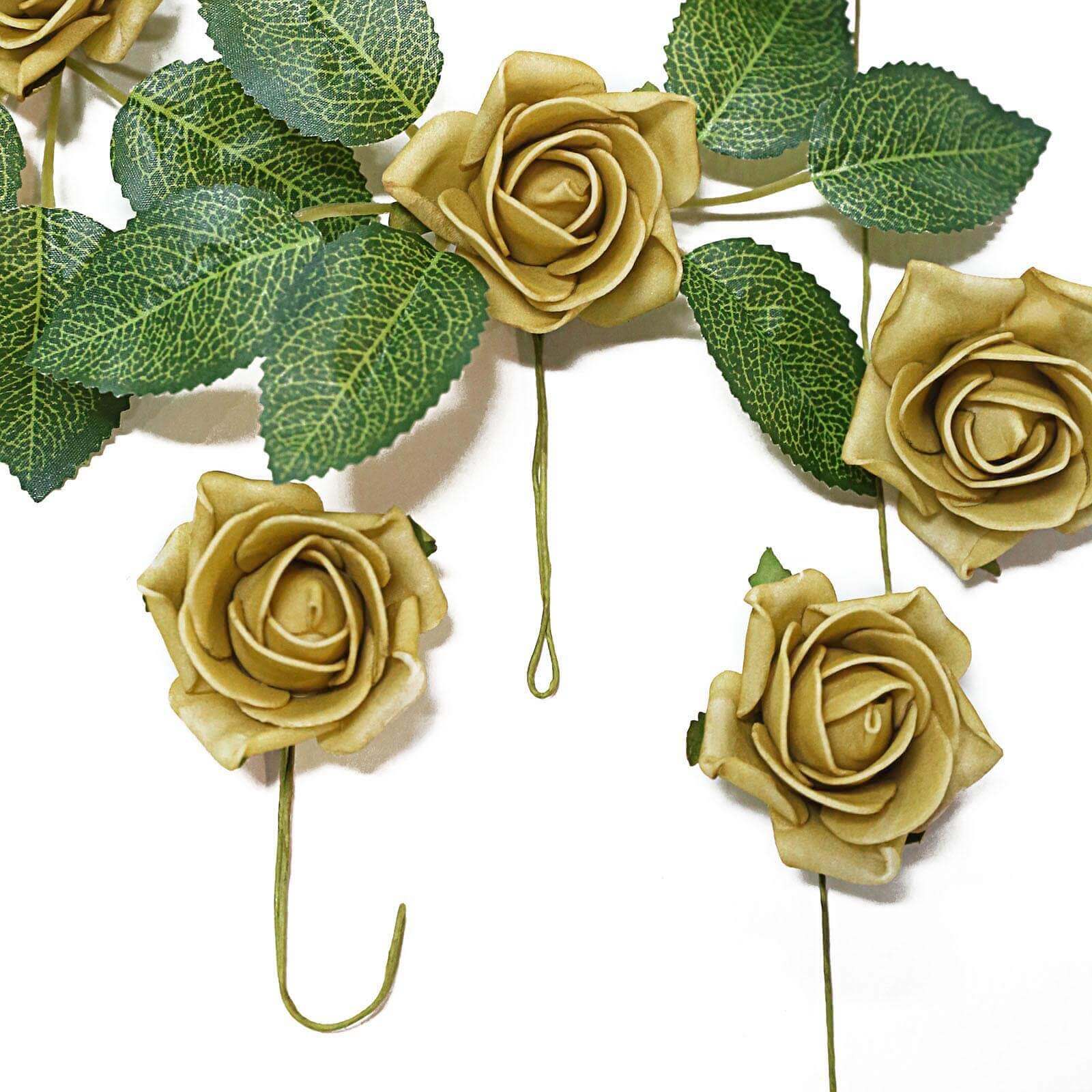 24 Roses 2 Gold Artificial Foam Flowers With Stem Wire and Leaves