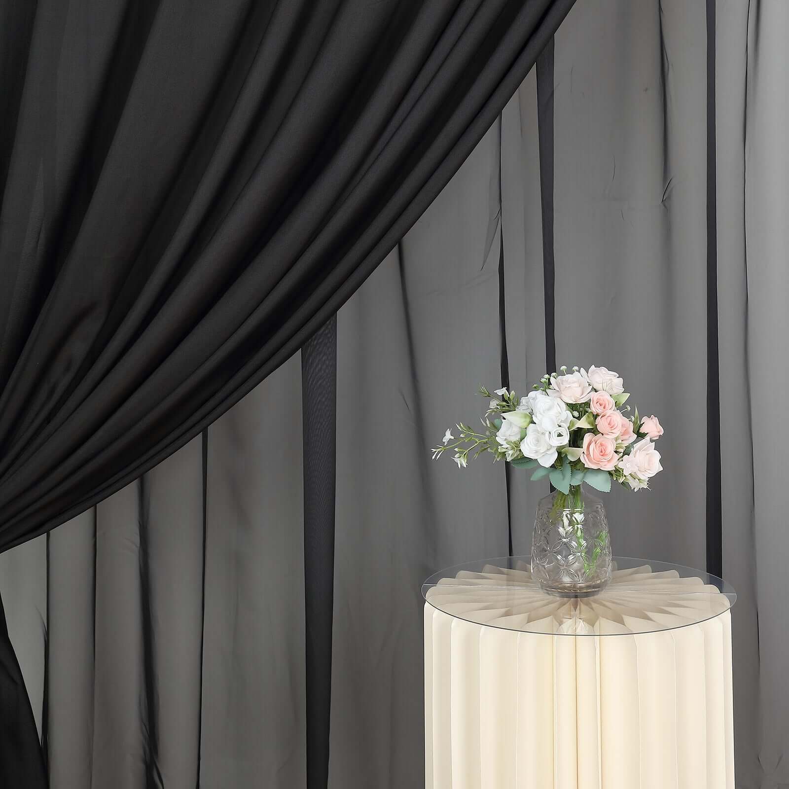 Black Chiffon Polyester Event Curtain Drapes, Dual Layer Divider Backdrop Curtain Panels with Rod Pockets - 10ftx10ft