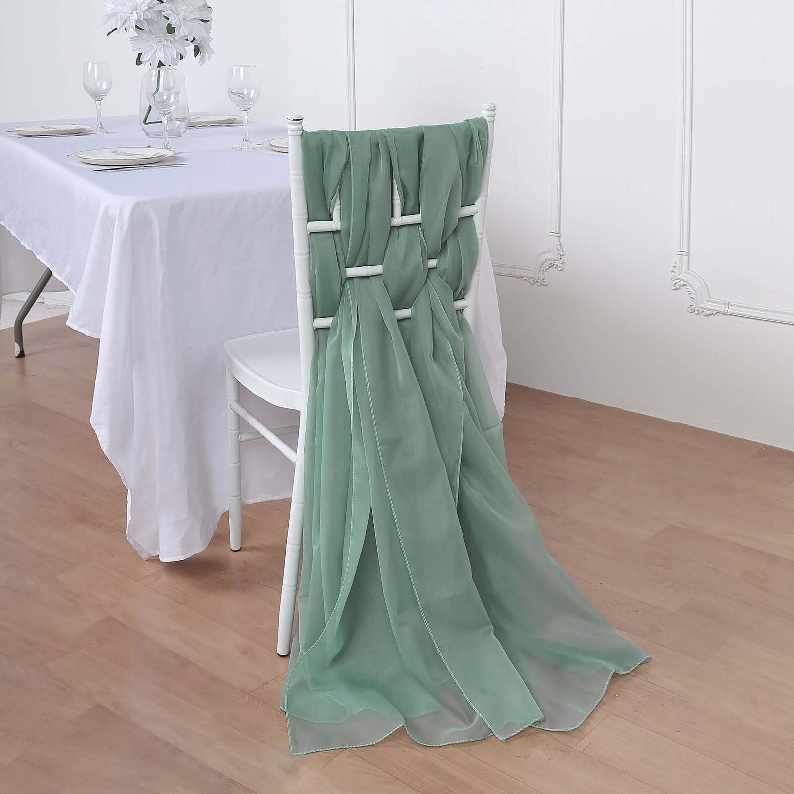 5 Pack Premium Chiffon Chair Sashes Eucalyptus Sage - Soft & Lightweight Designer Chair Bows 22x78