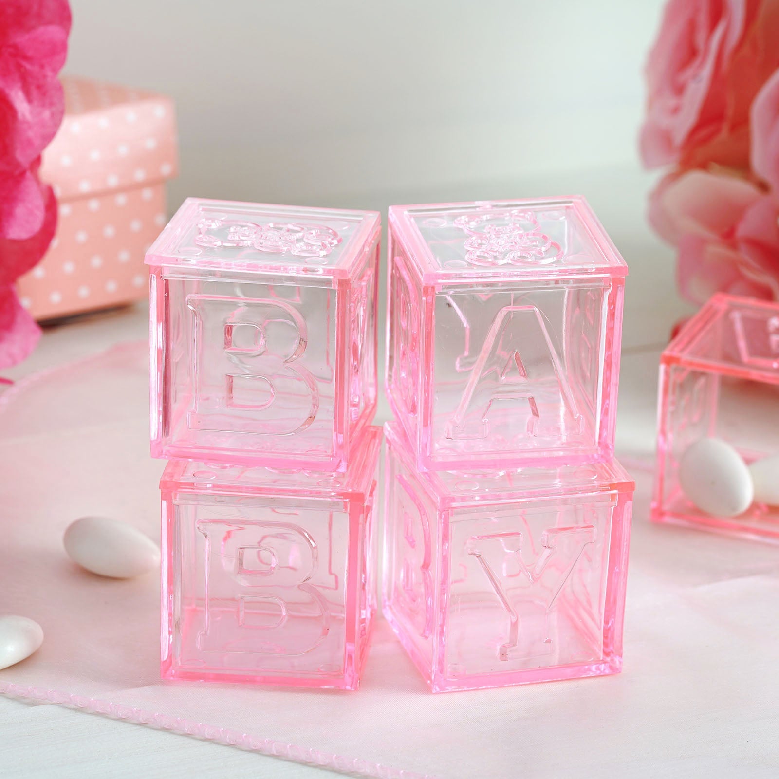 12 Pack 2 Pink Fillable Plastic Baby Shower Candy Gift Boxes, Transparent Baby Blocks Favor Boxes