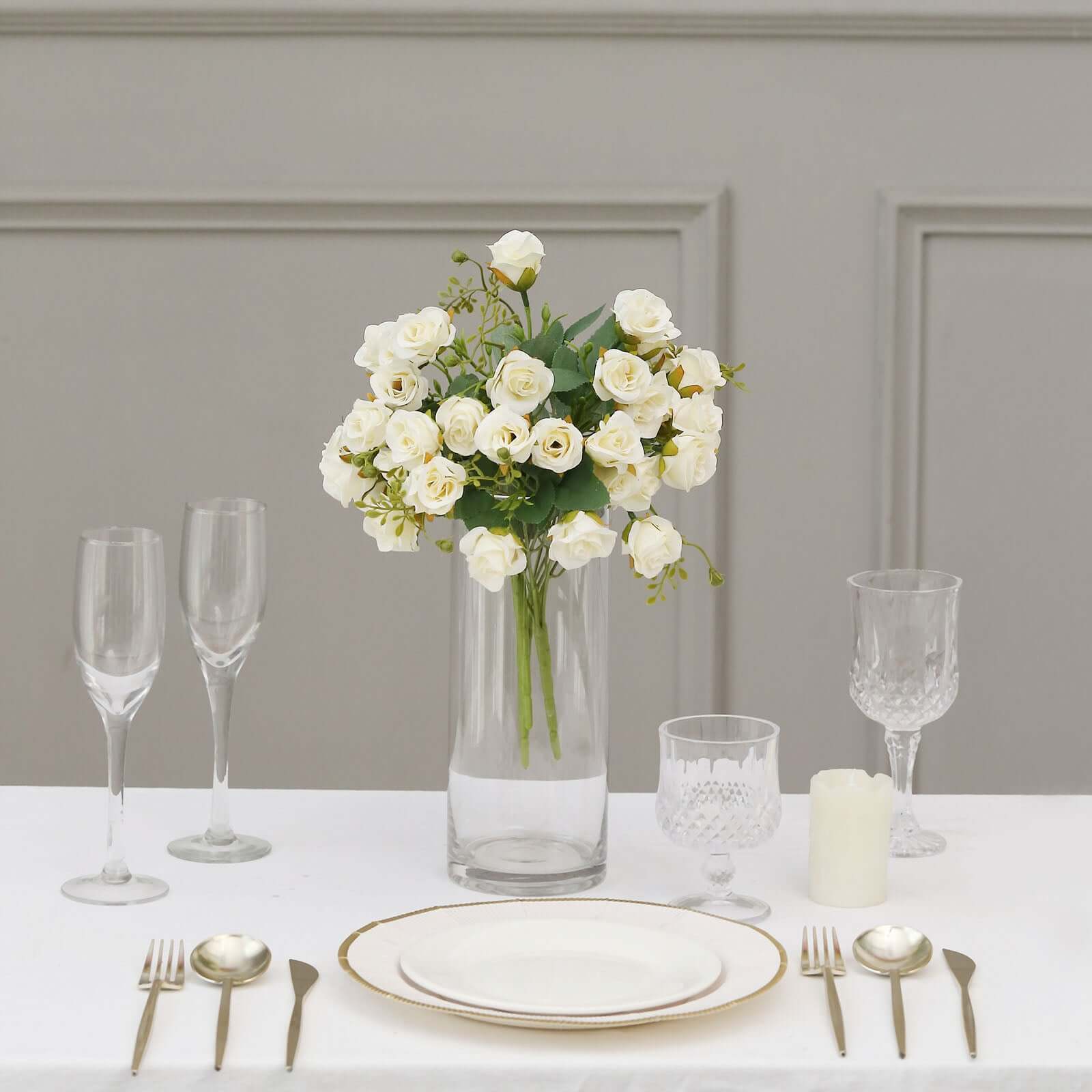 2 Pack 12 Ivory Artificial Open Rose Flower Arrangements, Small Faux Floral Bouquets