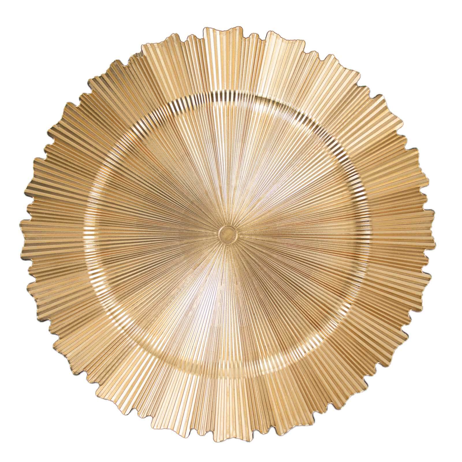 6-Pack Acrylic Plastic Round Charger Plates 13 in Metallic Gold with Sunray Scalloped Rim, Decorative Dinner Party Charger Tableware