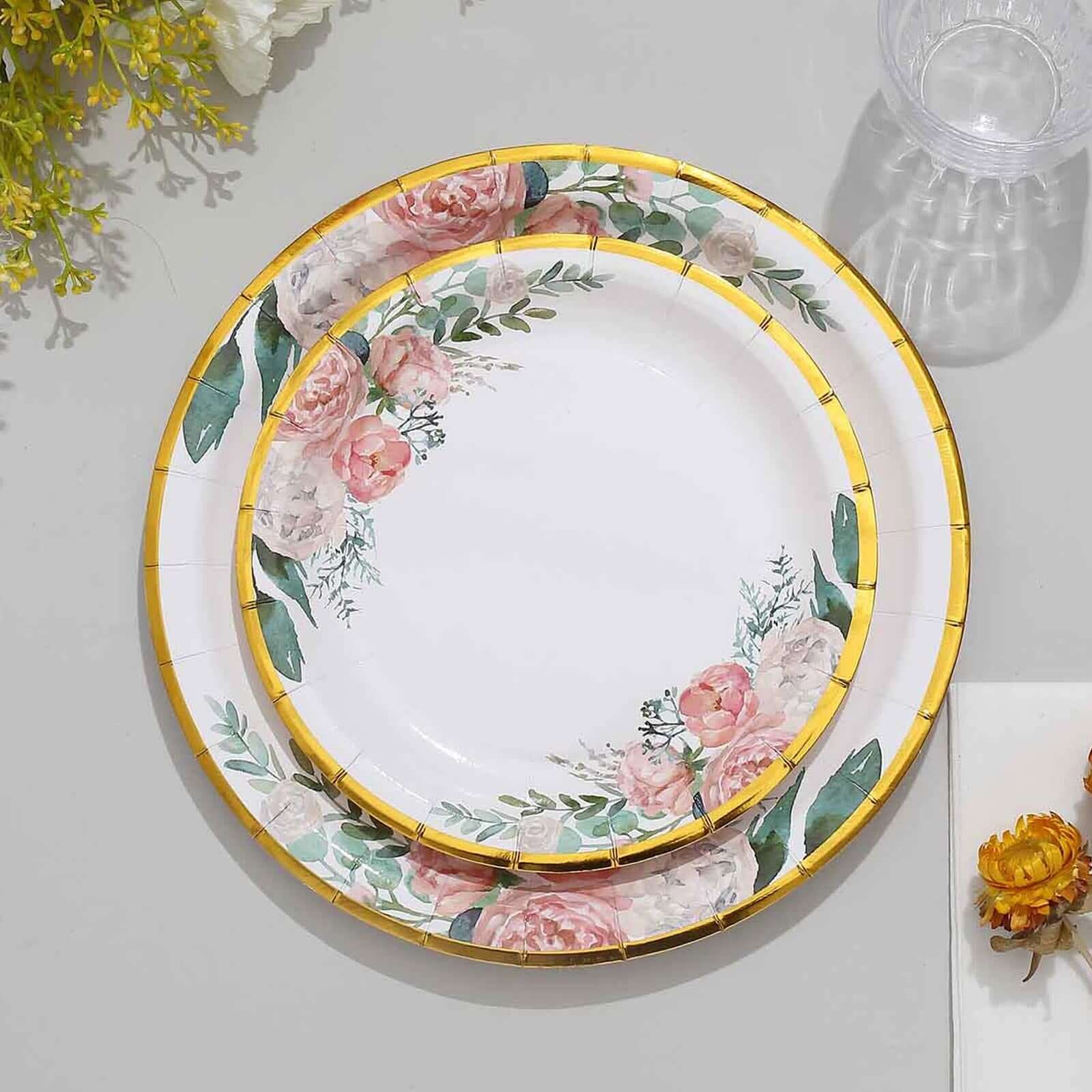 25-Pack Paper 7 Round Dessert Plates in White with Peony Floral Design & Gold Rim - Disposable Floral Salad Appetizer Plates for Brunches & Afternoon Teas