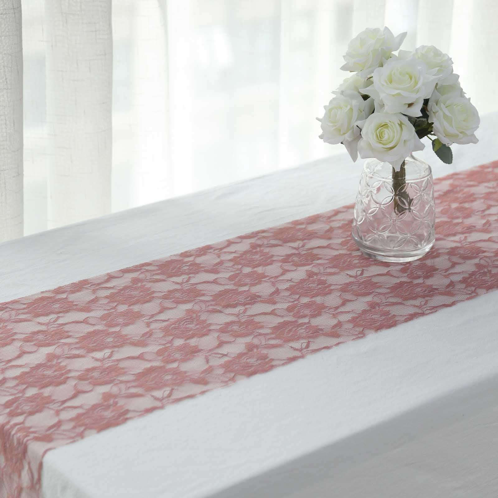 Lace 12x108 Table Runner Dusty Rose - Vintage Rose Pattern Table Decor