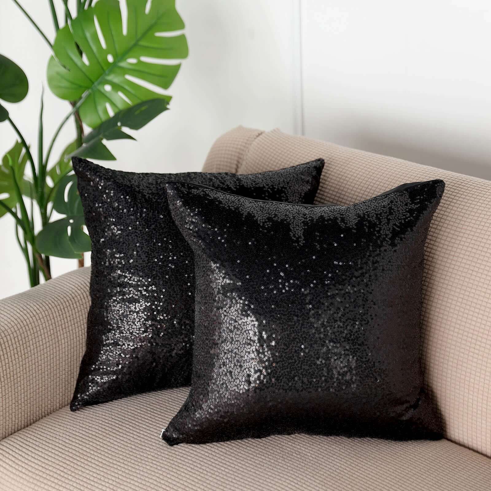 2 Pack 18x18 Sequin Throw Pillow Cover, Decorative Cushion Case - Square Black Sequin