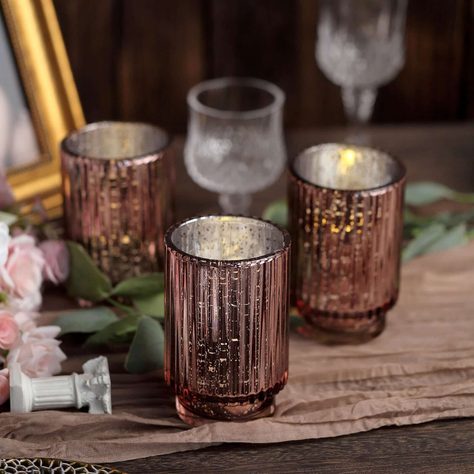 3-Pack Mercury Glass Hurricane Candle Holders Rose Gold Wavy Column Design - Votive Pillar Vase 5