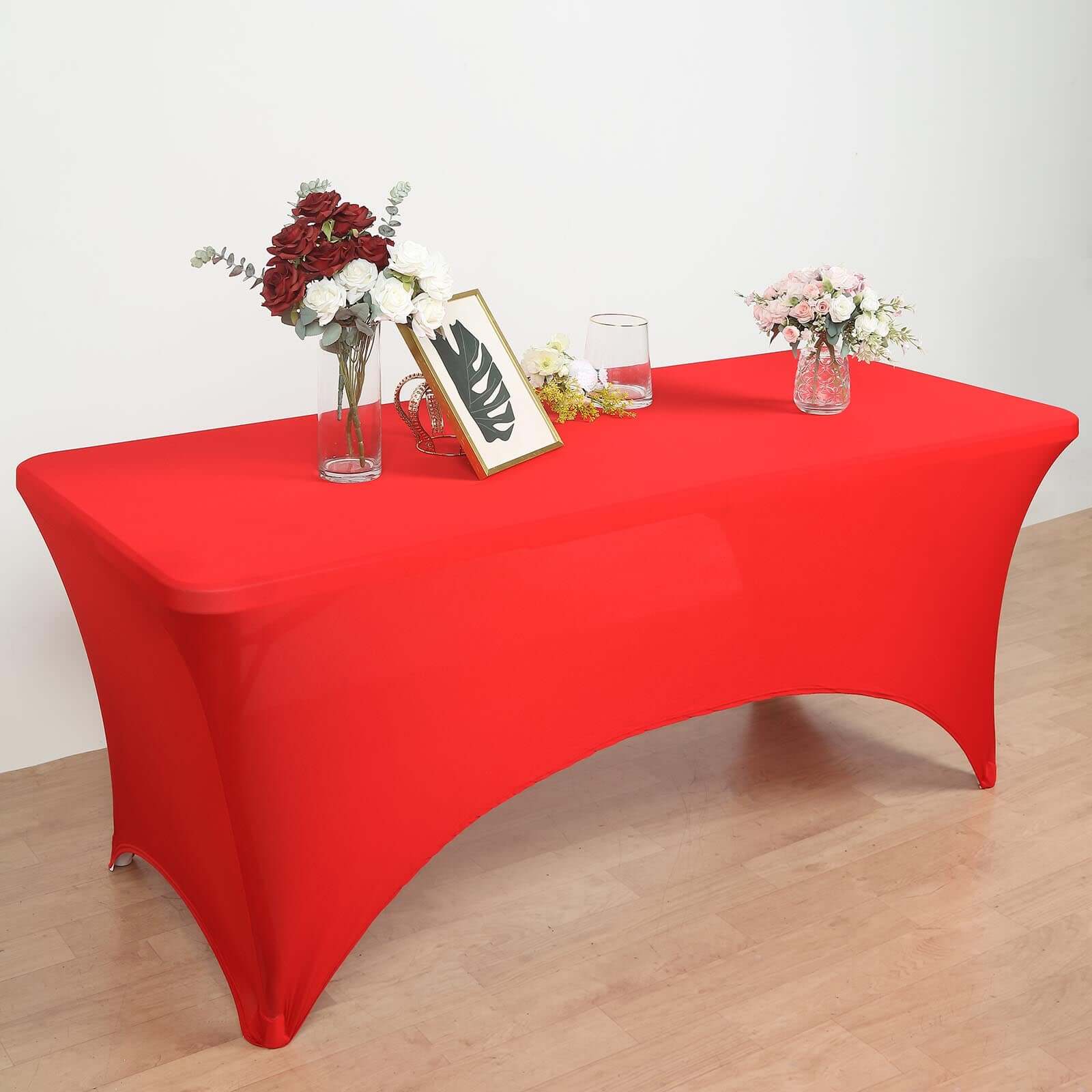 Stretch Spandex 96x30 Rectangle Table Cover Red with Curved Open Back Design Tailored Professional Look