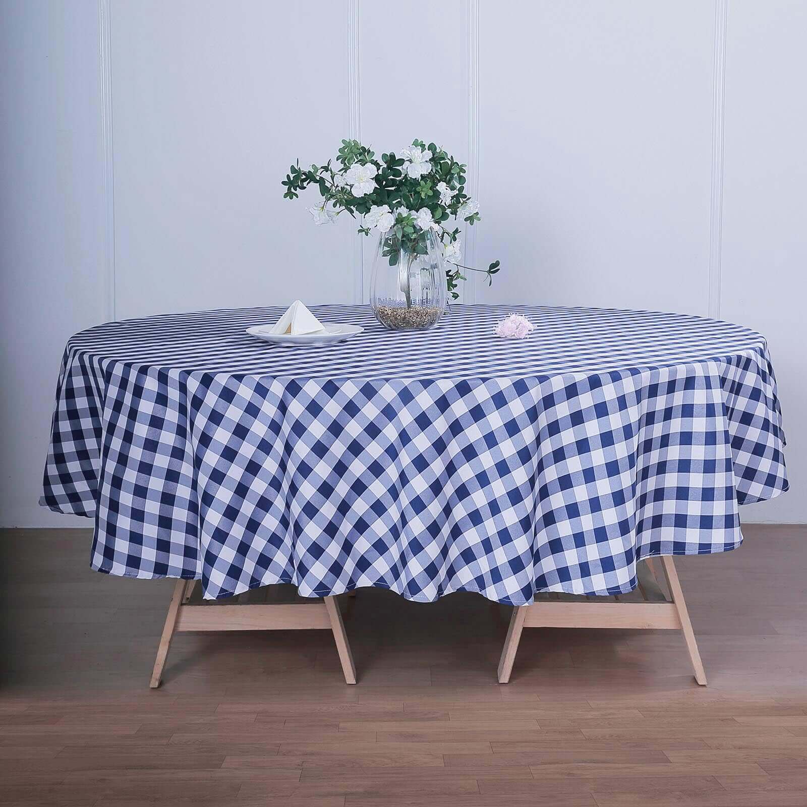 Polyester 108 Round Tablecloth White/Navy Blue - Checkered Buffalo Plaid Table Cover