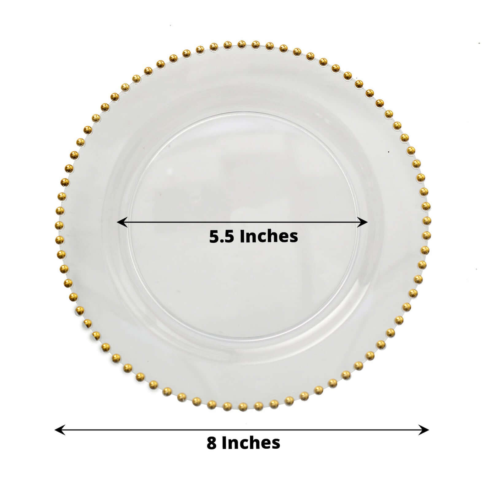 10-Pack Plastic 8 Round Appetizer Dessert Plates in Clear with Gold Beaded Rim - Disposable Salad Plates