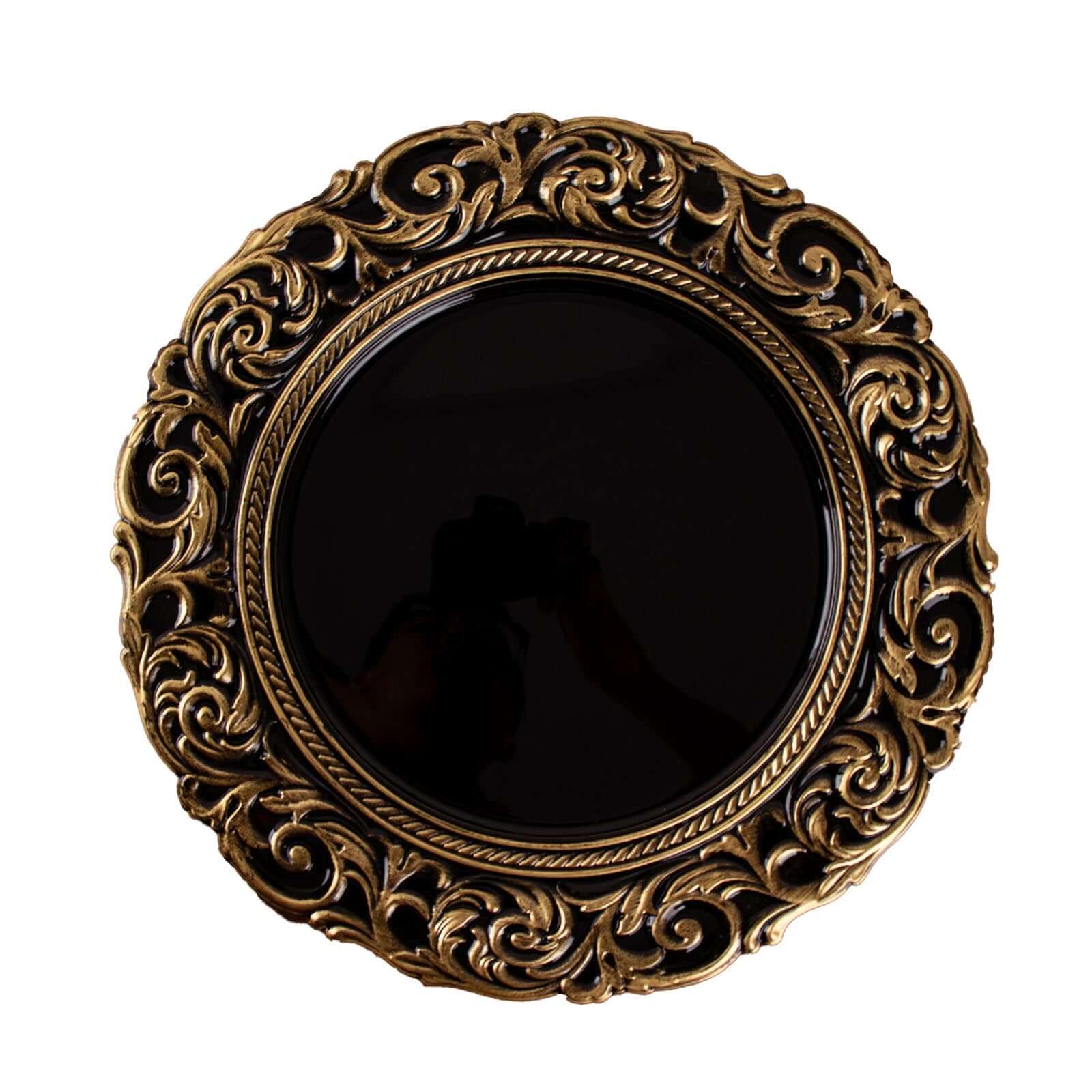 6-Pack Acrylic Round Charger Plates 14 in Black with Gold Engraved Baroque Rim, Vintage Disposable Decorative Chargers