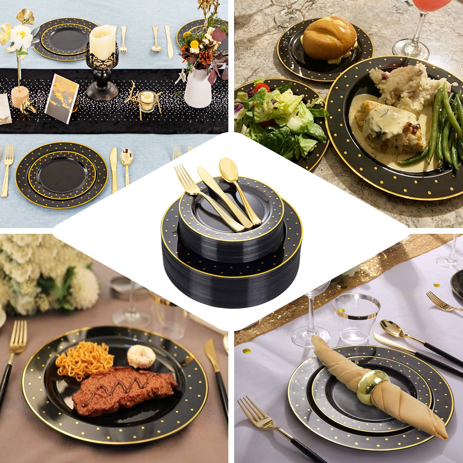 10 Pack 10 Black With Gold Dot Rim Plastic Dinner Plates, Round Disposable Tableware Plates