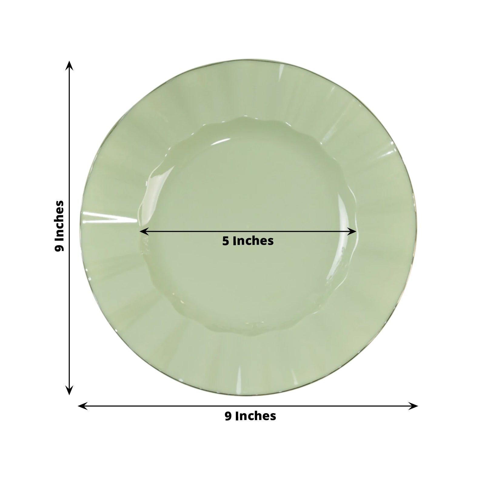 10-Pack Plastic 9 Round Dinner Plates in Sage Green Ruffled Rim with Gold Edging - Sturdy Disposable Dinnerware