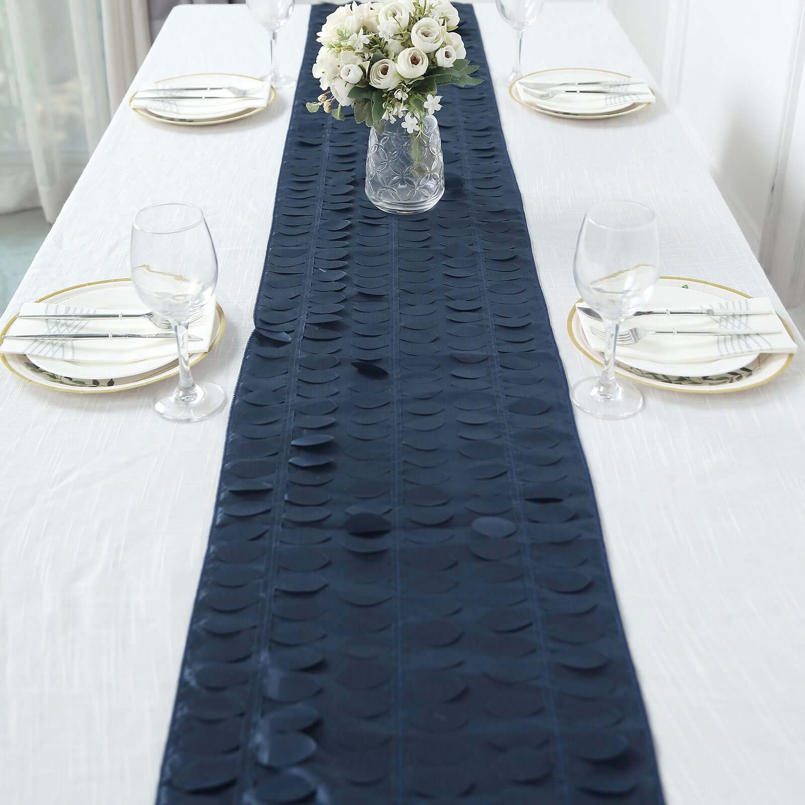 Taffeta Fabric 12x108 Table Runner Navy Blue - 3D Leaf Petal Design