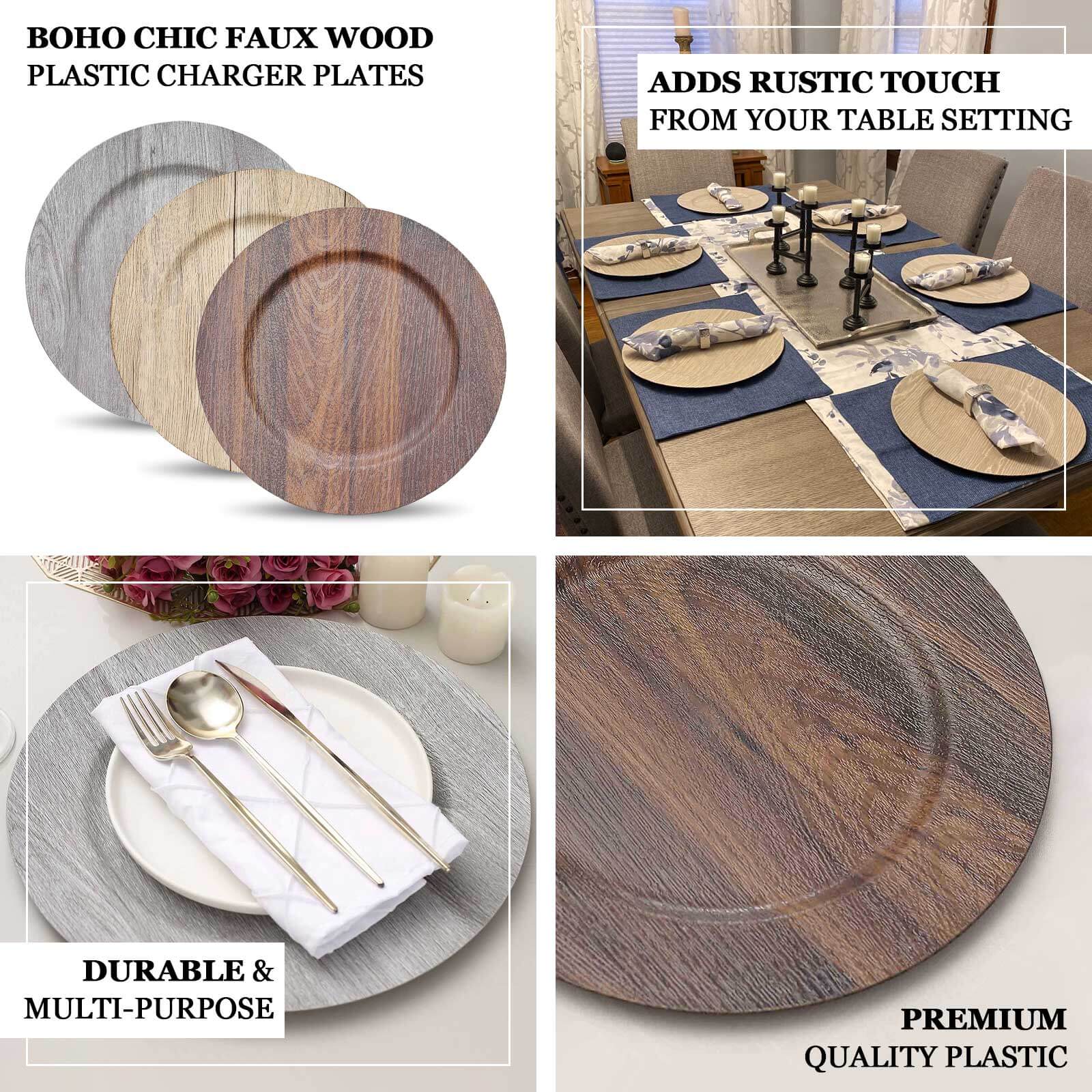 6-Pack Plastic Round Charger Plates 13 in Natural with Faux Wood Finish, Rustic Boho Chic Dinner Party Charger Tableware