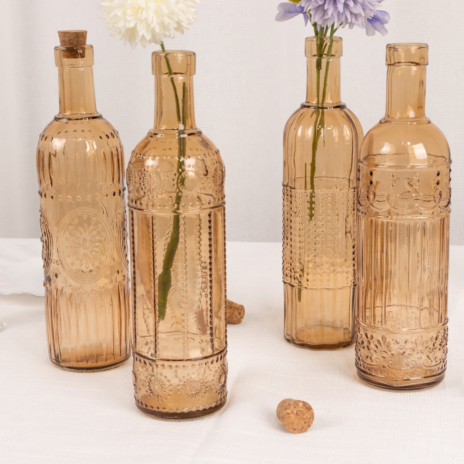 Set of 4 Embossed Glass Bottles Vintage Amber Gold with Corks - Large Flower Bud Vases 16oz 10 Tall