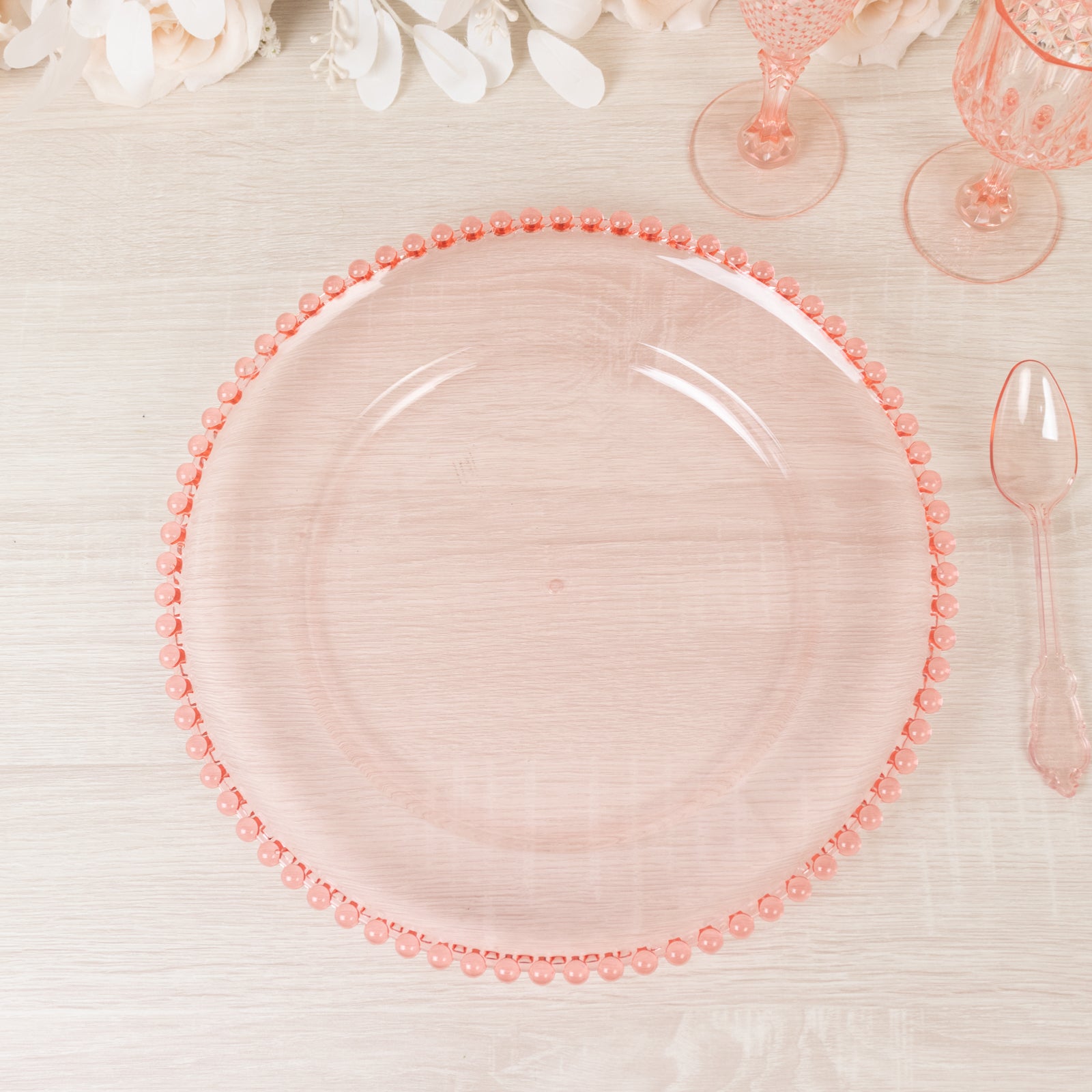 6-Pack Acrylic Round Charger Plates 13 in Transparent Blush with Beaded Rim, Decorative Dinner Party Serving Plates