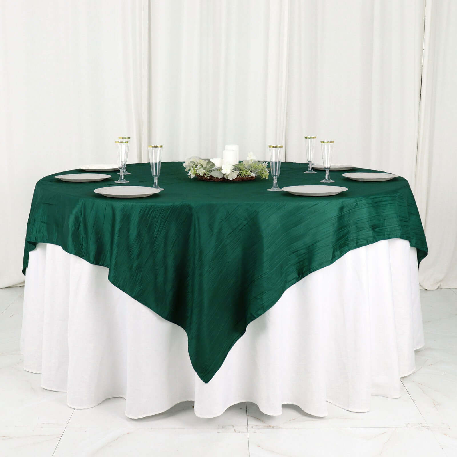 Taffeta 72x72 Table Overlay Square Tablecloth Hunter Emerald Green - Accordion Crinkle Table Cover