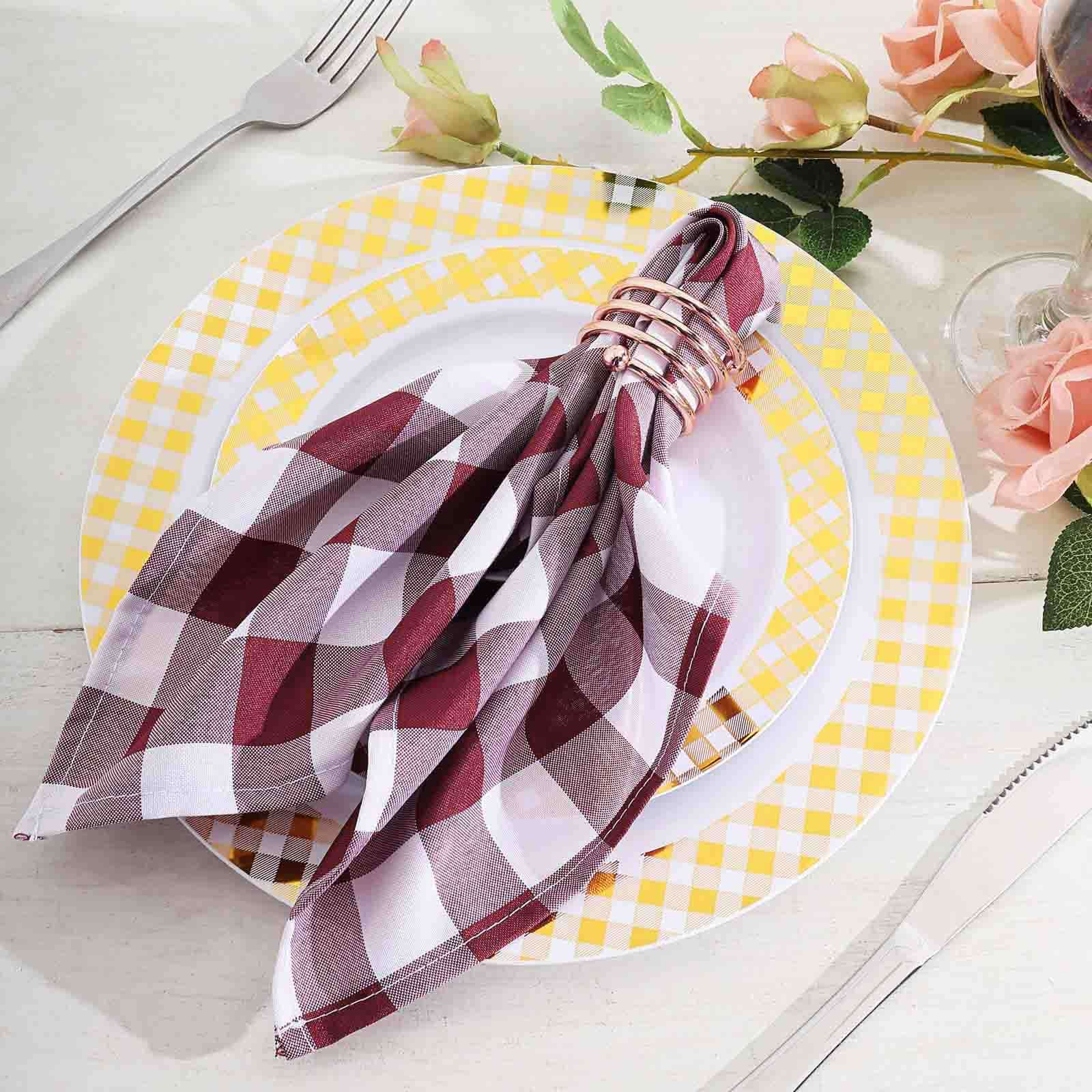 5 Pack Polyester 15x15 Napkins Burgundy/White Buffalo Plaid Gingham Style Cloth Napkins