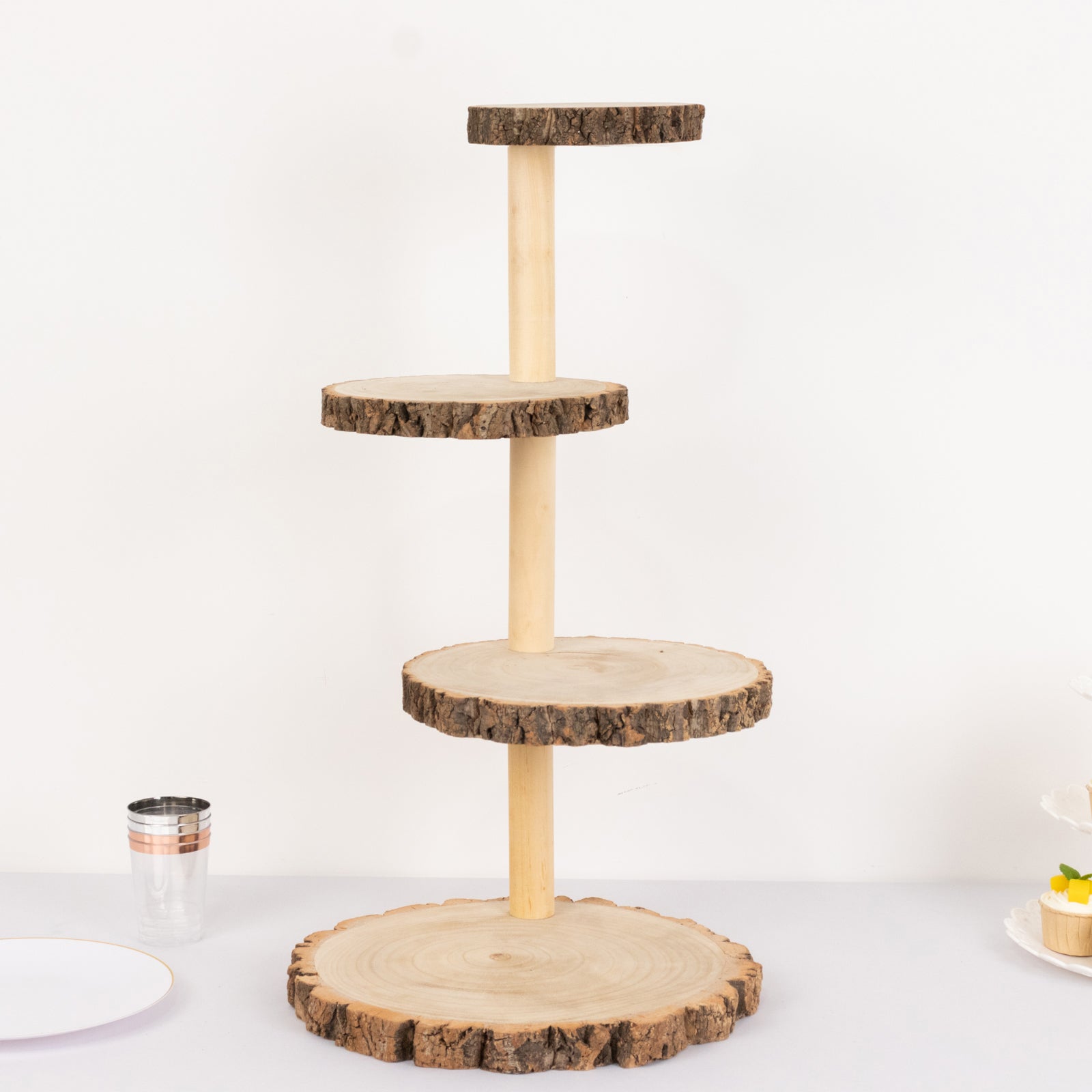 4-Tier Wooden Cupcake Tower Stand Rustic Natural Wood Slice Design - Farmhouse Style Dessert Display 29