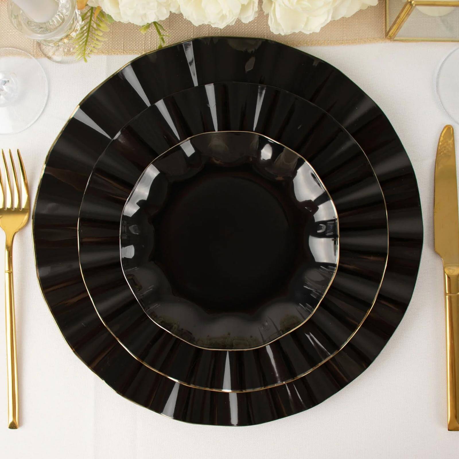 10-Pack Plastic Round 6 Dessert Plates in Black Ruffled Rim with Gold Edging - Sturdy Disposable Salad Appetizer Dinnerware