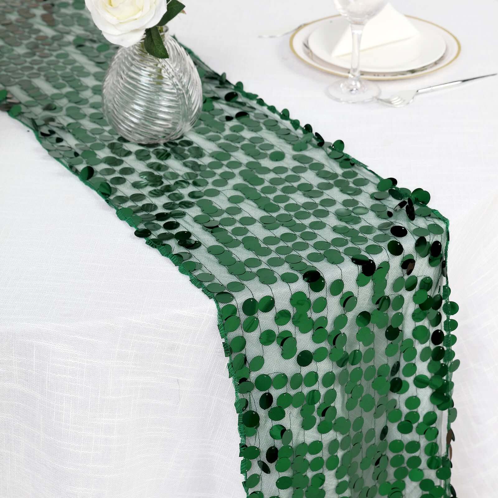 Big Payette Sequin 13x108 Table Runner Hunter Emerald Green - Dazzling Design