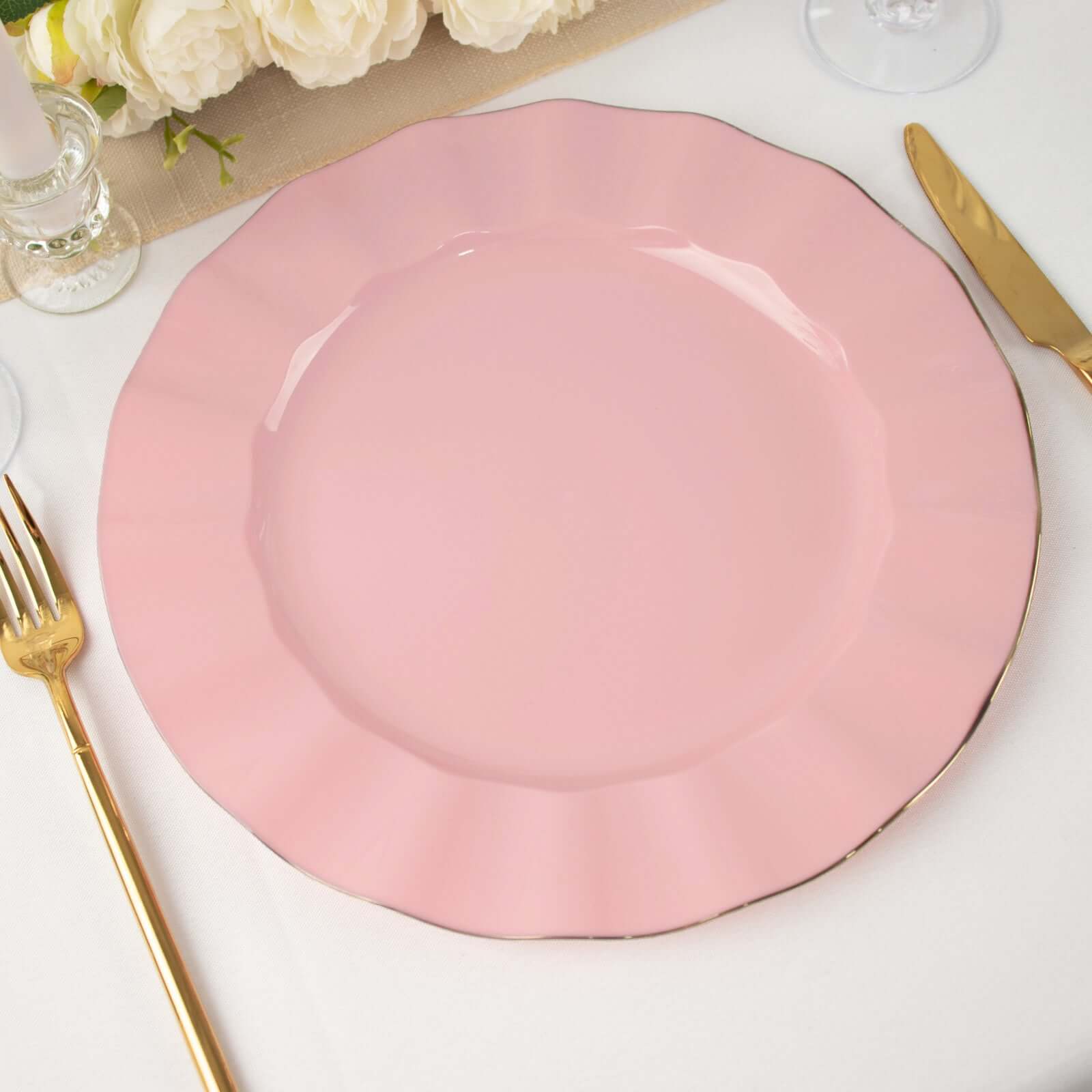 10-Pack Plastic 11 Round Dinner Plates in Dusty Rose Ruffled Rim with Gold Edging - Sturdy Disposable Dinnerware