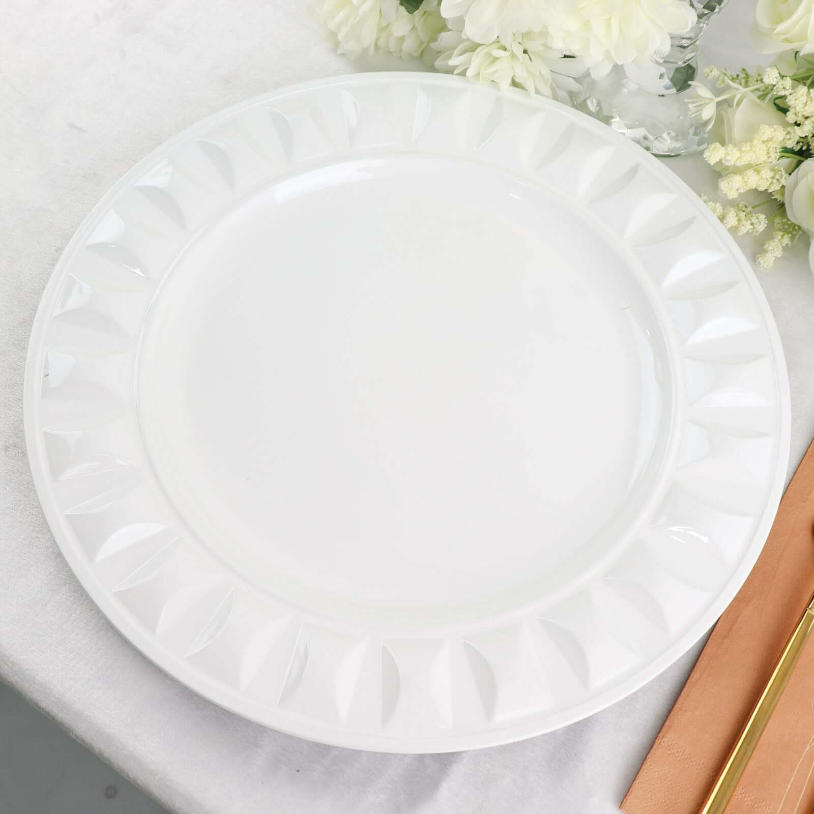 6-Pack Plastic Round Charger Plates 13 in White with Bejeweled Rim, Luxe Decorative Dinner Party Charger Tableware