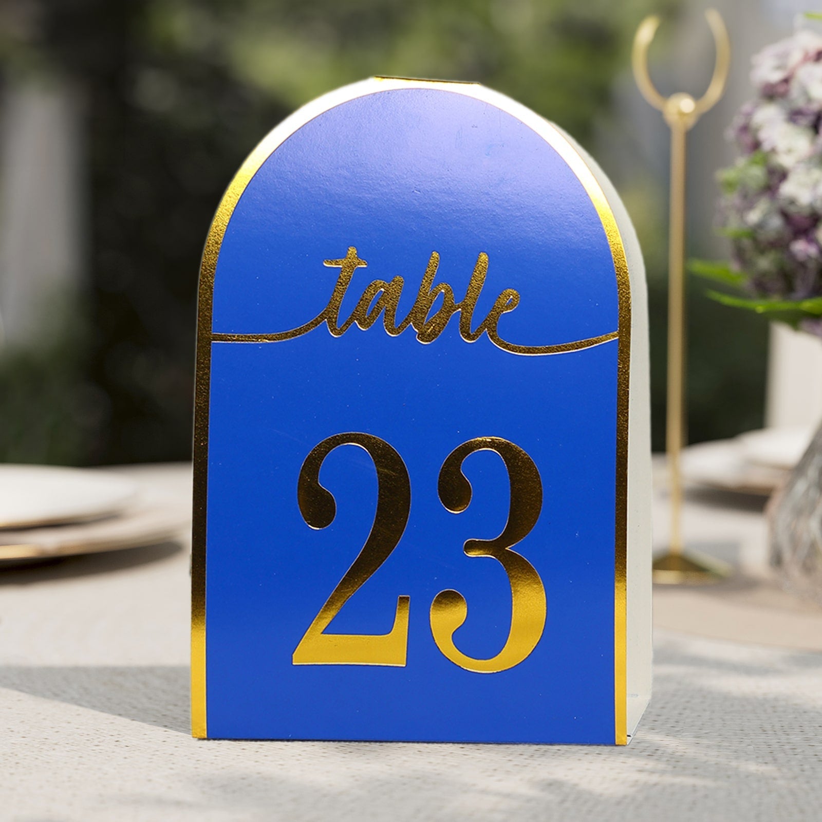 25-Pack Paper Wedding Table Numbers 1-25 Royal Blue Arch Cutout Design - Sleek & Modern Free Standing Double Sided Table Tent Cards with Metallic Gold Foil Numbers 7