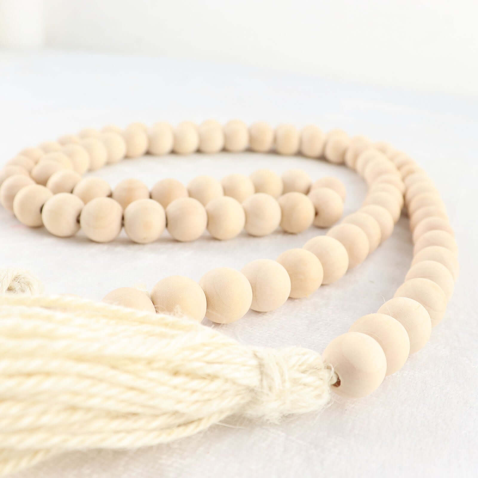 55 Cream Rustic Boho Chic Wood Bead Garland With Tassels, Farmhouse Country Wood Bead Chain