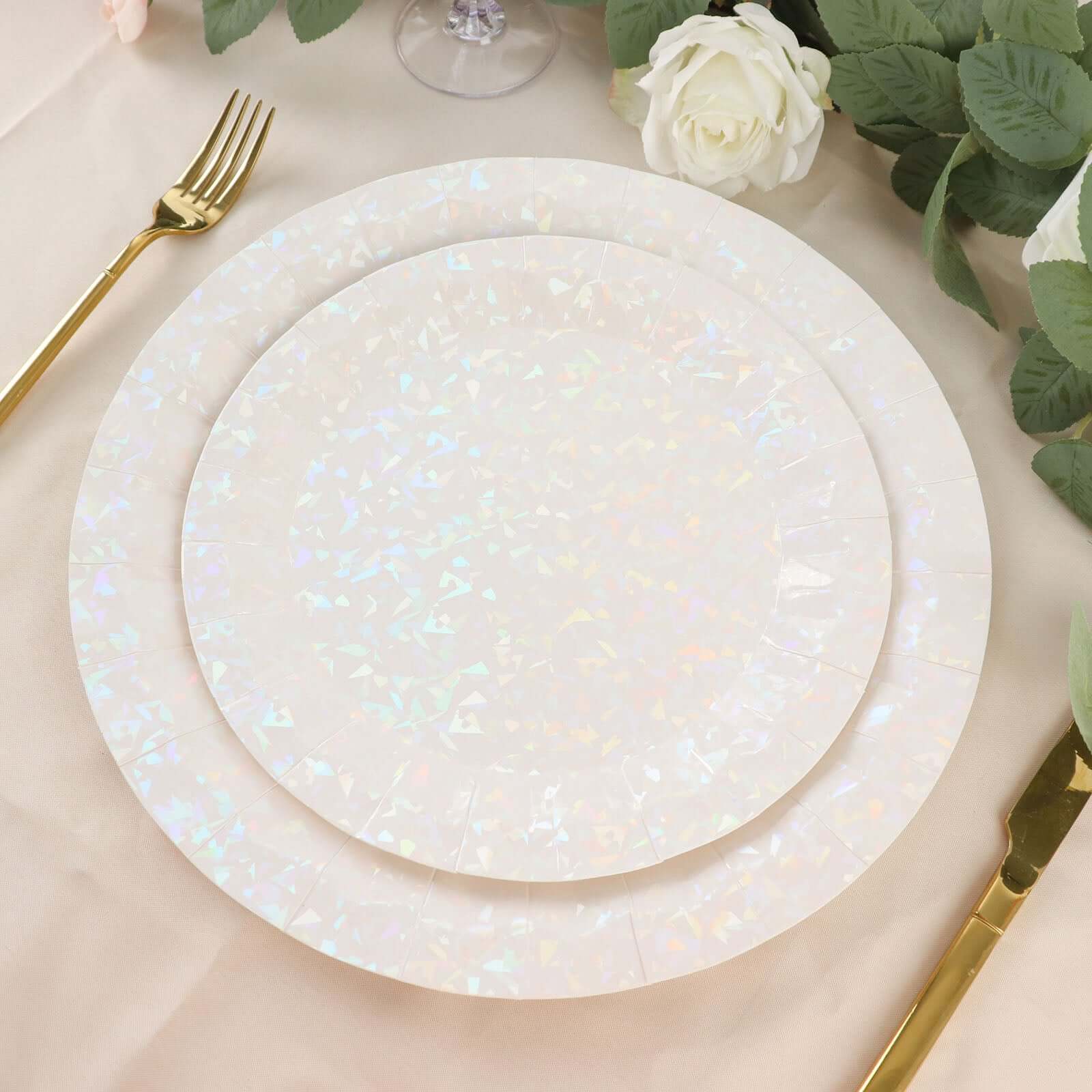 25-Pack Paper 12 Round Charger Plates in Iridescent with Geometric Prism Design - Disposable 400GSM Serving Trays