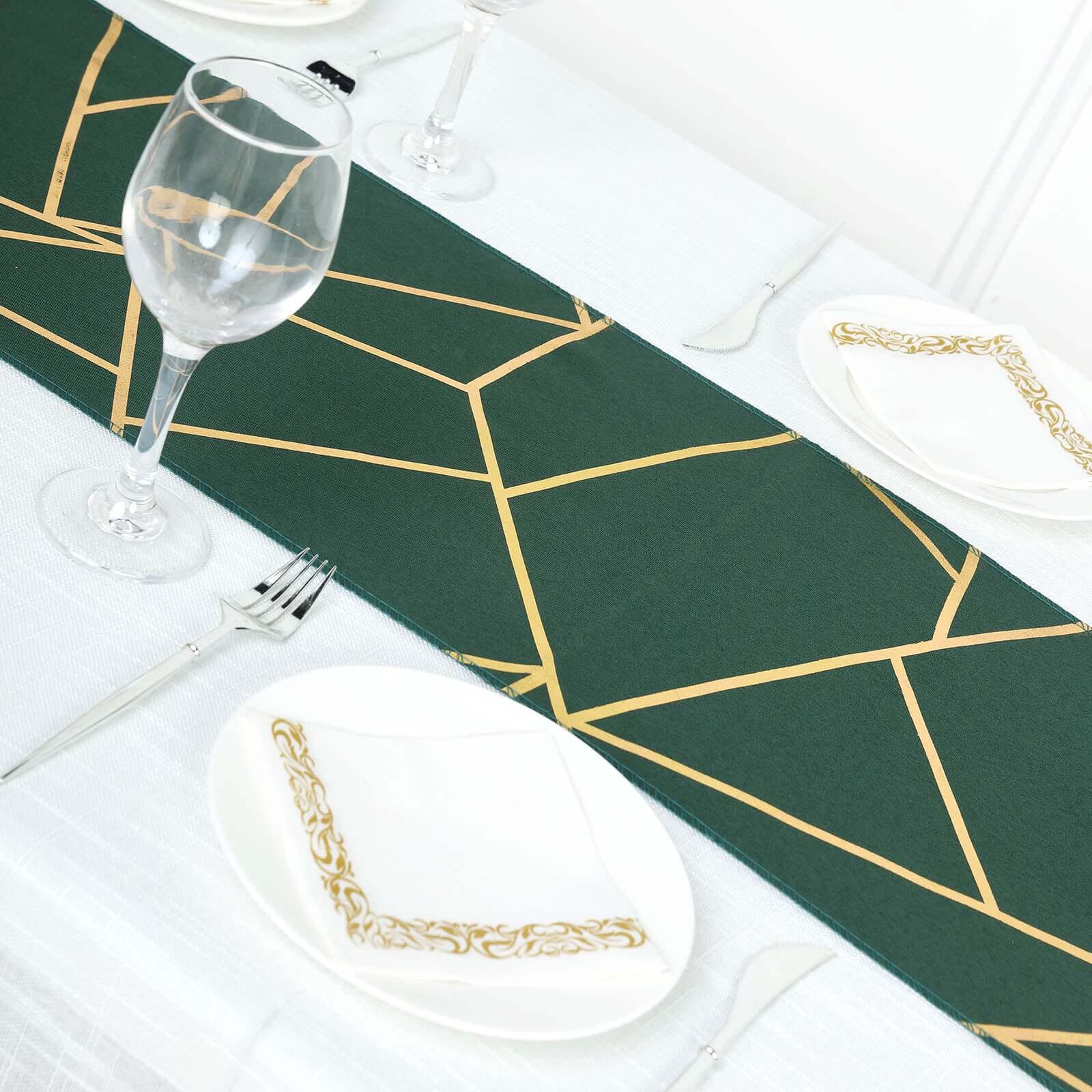 Polyester 9ft Table Runner Hunter Emerald Green with Gold Foil Modern Geometric Accent