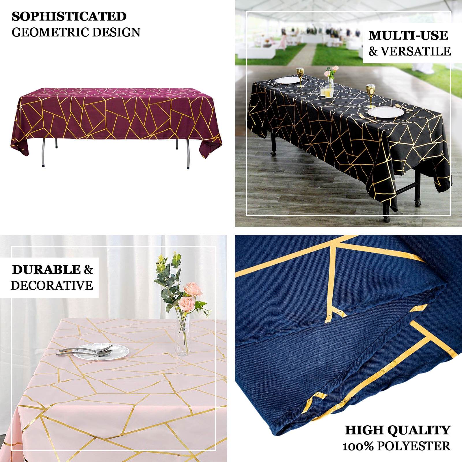 Polyester 60x102 Rectangle Tablecloth Red with Gold Foil Geometric Pattern - Wrinkle-Resistant & Durable Table Cover