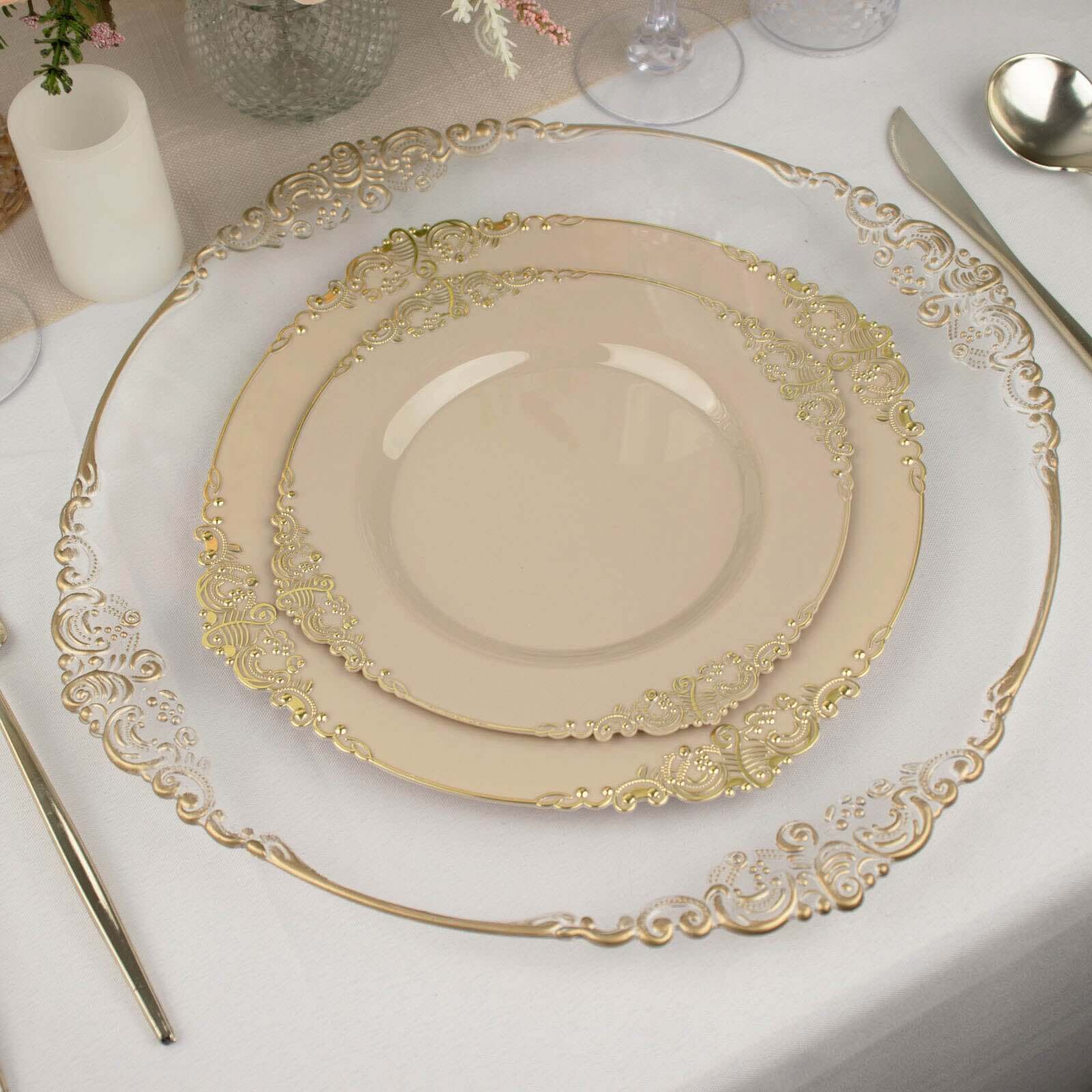 10-Pack Plastic 10 Round Dinner Plates in Taupe with Gold Leaf Embossed Rim - Disposable Vintage Baroque Style Plates